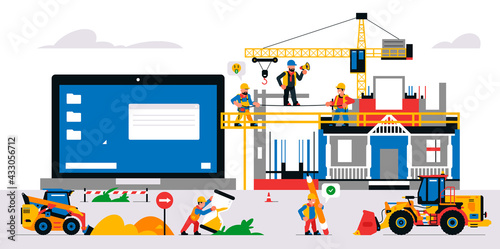 The website is under construction. Service page warning that will be coming soon. Construction site with machinery, builders, tools, unfinished house. Isolated vector illustration on background