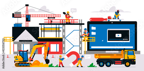 The website is under construction. Service page warning that will be coming soon. Construction site with machinery, builders, tools, unfinished house. Isolated vector illustration on background