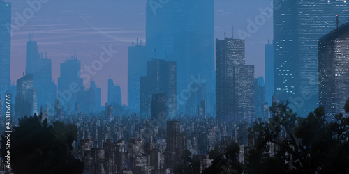 Cityscape skyline. Aerial view of downtown. Calm sunset scene. Financial district. Skyscrapers with lights.