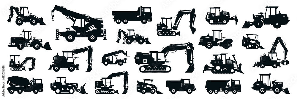 Big black-white set of construction equipment. Collection of commercial equipment for construction work. Excavator, bulldozer, tractor, loader, concrete mixer, asphalt paver. Vector illustration. Big black-white set of construction equipment. Collection of commercial equipment for construction work. Excavator, bulldozer, tractor, loader, concrete mixer, asphalt paver. Vector illustration.