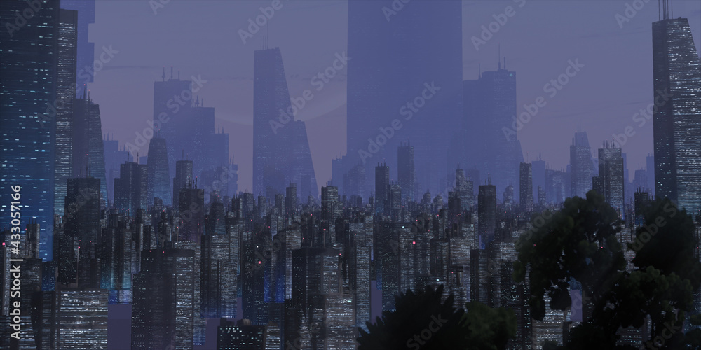 Fototapeta premium Cityscape skyline. Aerial view of downtown. Calm sunset scene. Financial district. Skyscrapers with lights. 