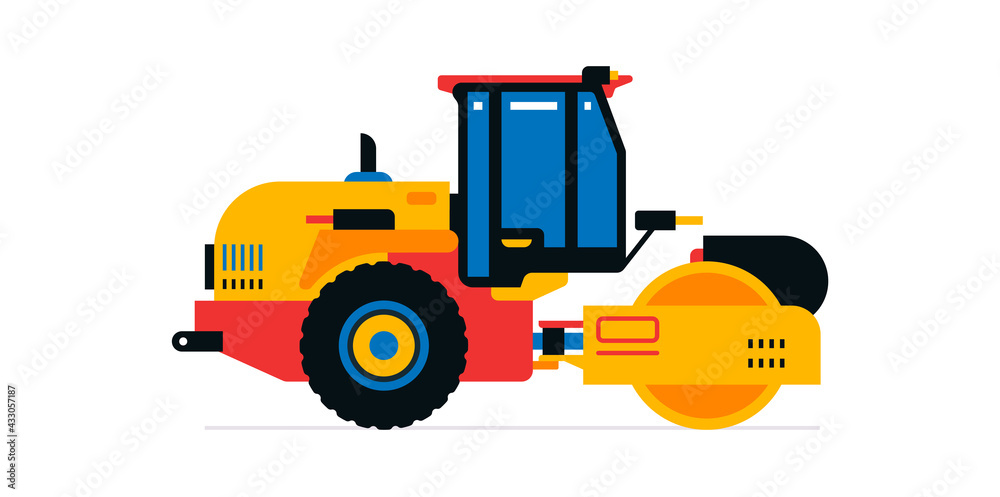 Construction machinery, asphalt paver. Commercial vehicles for work on the construction site, road work. Vector illustration isolated on white background Construction machinery, asphalt paver. Commercial vehicles for work on the construction site, road work. Vector illustration isolated on white background