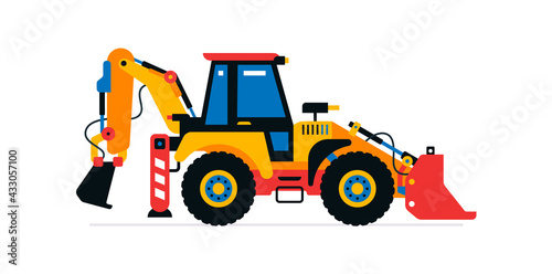 Construction machinery, tractor, excavator, loader. Commercial vehicles for work on the construction site. Vector illustration isolated on white background