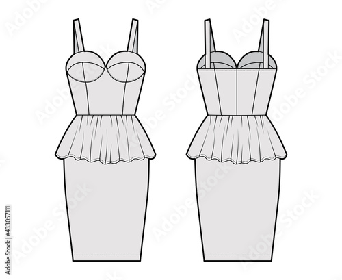 Peplum bustier dress technical fashion illustration with shoulder straps, cups, fitted body, knee length skirt. Flat apparel garment front, back, grey color style. Women, men unisex CAD mockup