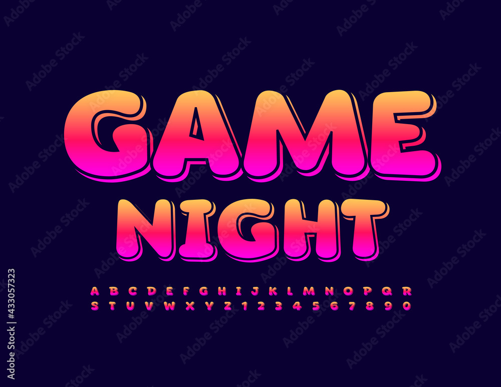 Vector bright poster Game Night. Colorful gradient Font. Trendy Alphabet Letters and Numbers set