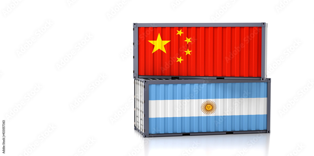 Two freight container with China and Argentina flag. Copy space on the left side - 3D Rendering Two freight container with China and Argentina flag. Copy space on the left side - 3D Rendering