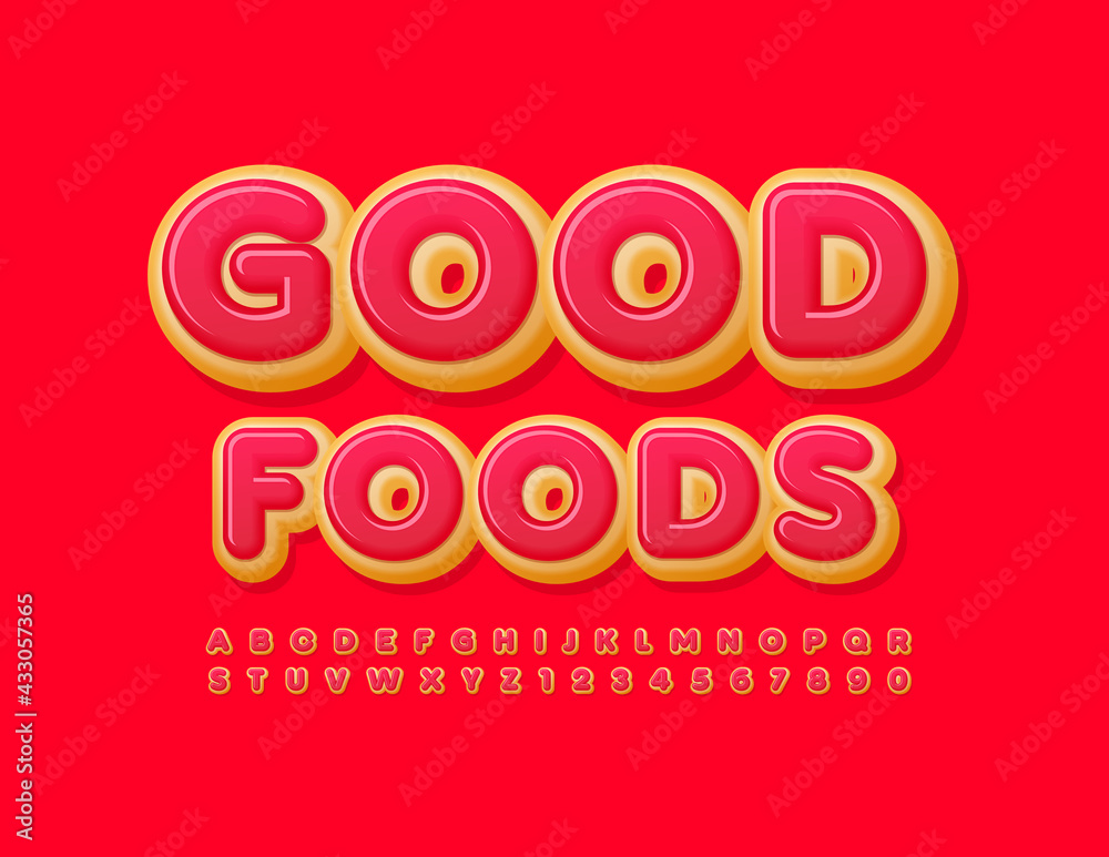 Vector creative sign Good Foods. Tasty bright Font. Delicious Donut Alphabet Letters and Numbers set Vector creative sign Good Foods. Tasty bright Font. Delicious Donut Alphabet Letters and Numbers set