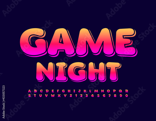 Vector bright poster Game Night. Colorful gradient Font. Trendy Alphabet Letters and Numbers set