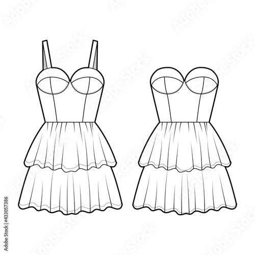 Set of dresses bustier technical fashion illustration with sleeveless, strapless, fitted body, mini length ruffle tiered skirt. Flat apparel front, white color style. Women, men unisex CAD mockup