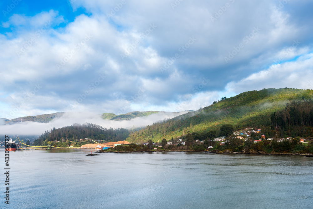 View of Corral, a small town and port in the river mouth of Valdivia River, Region de Los Rios, Chile