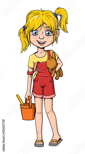 Little Girl with Toys After Playground. Cartoon Character. Vector drawing.