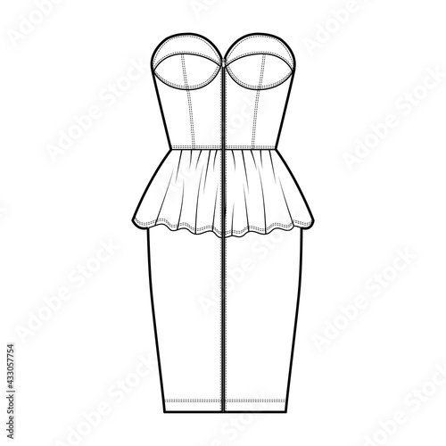 Zip-up peplum bustier dress technical fashion illustration with strapless, cups, fitted body, knee length skirt. Flat apparel front, white color style. Women, men unisex CAD mockup