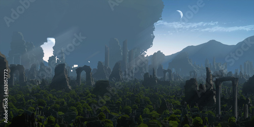 Imaginary scenery. Abstract medieval fantasy world. Concept art landscape. 2d illustration. Ancient ruins.