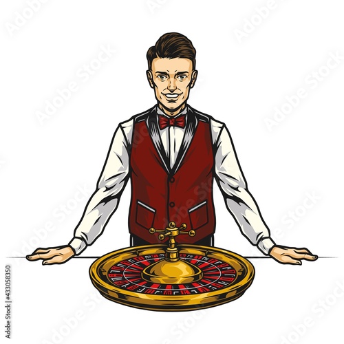 Casino croupier and roulette wheel concept