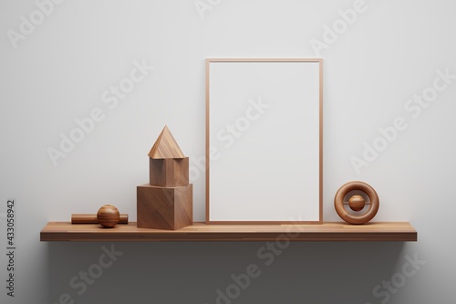 Wallpaper Mural Mockup template with blank A4 frame on a shelf with wooden toys for kids children Torontodigital.ca