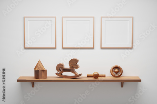 Mockup template with three wooden square blank frames and shelf with wooden kids children toys