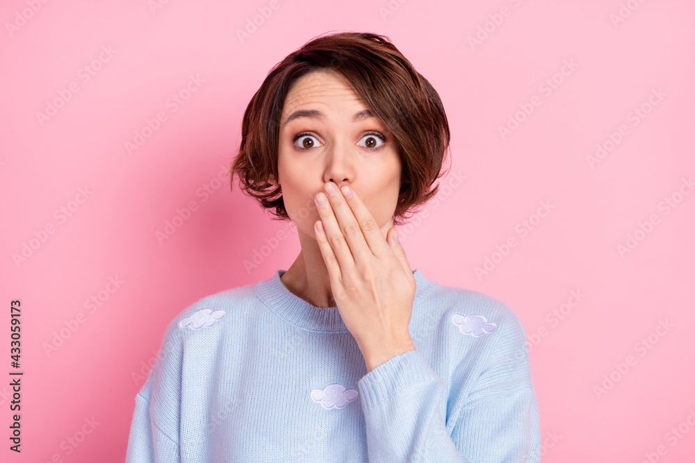 Photo of puzzled worried person hand palms close covering mouth look camera isolated on pink color background Photo of puzzled worried person hand palms close covering mouth look camera isolated on pink color background
