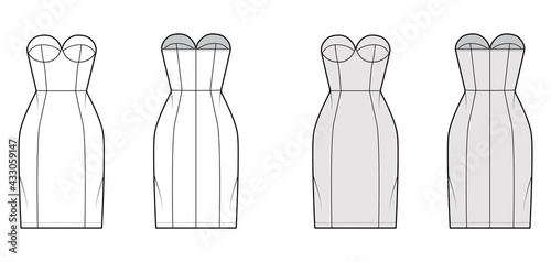 Tube dress technical fashion illustration with bustier, strapless, fitted body, knee length skirt. Flat garment apparel front, back, white grey color style. Women, men unisex CAD mockup