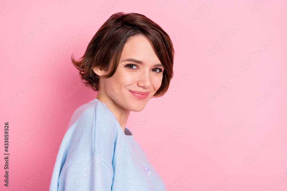 Profile photo of gorgeous satisfied lady look camera smile wear sweater isolated on pink color background Profile photo of gorgeous satisfied lady look camera smile wear sweater isolated on pink color background