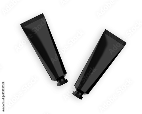 Black glossy plastic tube for cosmetics - beauty cream, gel, skin care, moisturiser, toothpaste. Packaging mockup template on isolated white background, 3d illustration