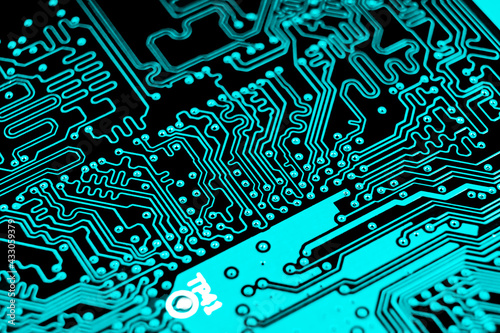 Macro shot of Circuit board with resistors microchips and electronic components. Computer hardware technology. Integrated communication processor. Information engineering. Semiconductor. PCB. Closeup