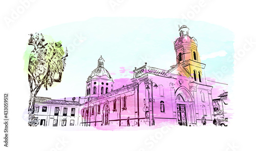 Building view with landmark of Cuenca is the 
city in Ecuador. Watercolor splash with hand drawn sketch illustration in vector.