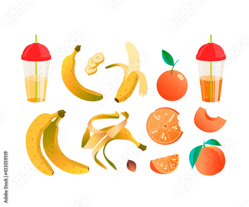 pattern with oranges, peaches and bananas. digital banana pattern. colourful fresh fruit and juice vector background.fruit background illustration for textile and package. fruit pattern