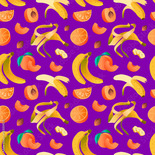 pattern with oranges, peaches and bananas. digital banana pattern. colourful fresh fruit and juice vector background.fruit background illustration for textile and package. fruit pattern
