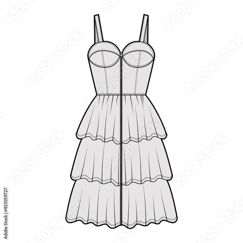 Zip-up bustier dress technical fashion illustration with sleeveless, fitted body, 3 row knee length ruffle tiered skirt. Flat apparel front, grey color style. Women, men unisex CAD mockup