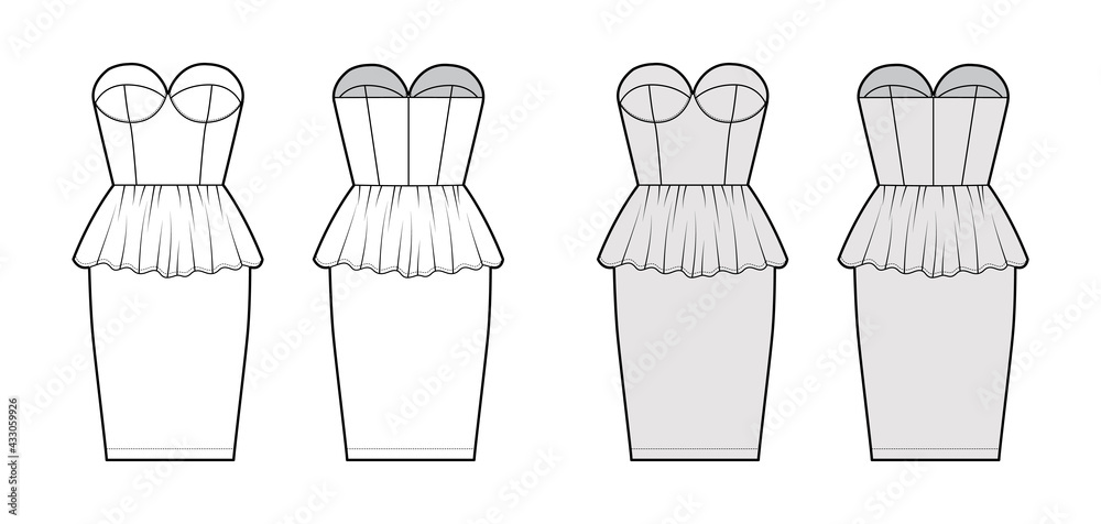Peplum bustier dress technical fashion illustration with strapless, cups, fitted body, knee length skirt. Flat garment apparel front, back, white grey color style. Women, men unisex CAD mockup