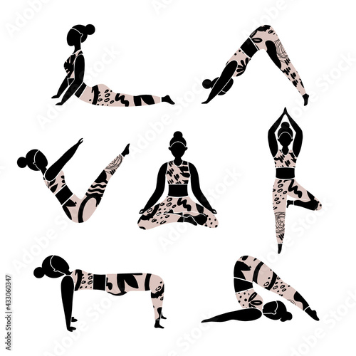 Woman doing yoga exercises, set.