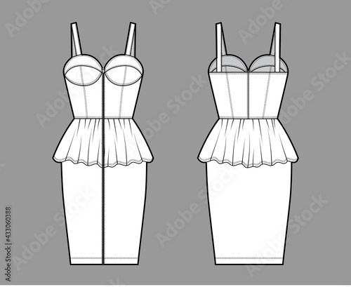 Zip-up peplum bustier dress technical fashion illustration with sleeveless, cups, fitted body, knee length skirt. Flat apparel garment front, back, white color style. Women, men unisex CAD mockup