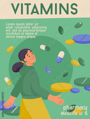 Vector poster of Vitamins concept. Healthcare, diet nourishment, drug store