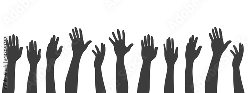 Set of silhouettes hands. Black human hands. Arms and hands raised. Vector illustration
