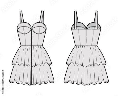Zip-up bustier dress technical fashion illustration with shoulder straps, fitted body, 2 row mini length ruffle tiered skirt. Flat apparel front, back, grey color style. Women, men unisex CAD mockup