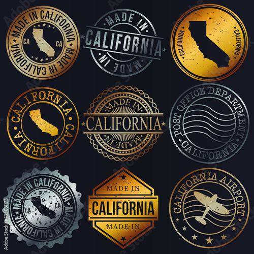 California, USA Business Metal Stamps. Gold Made In Product Seal. National Logo Icon. Symbol Design Insignia Country.