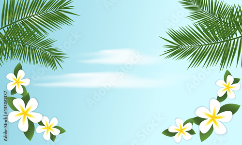 Summer banner on sky background  realistic tropical leaves and flowers  vector