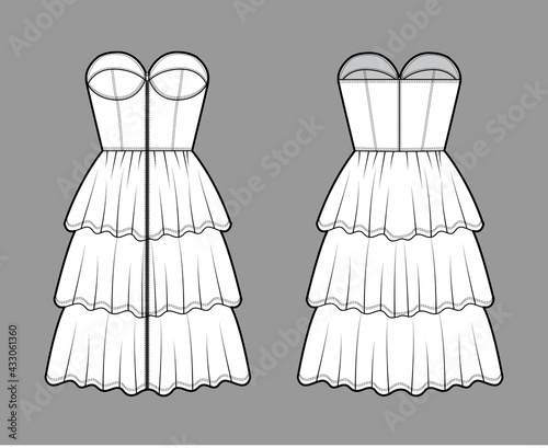 Zip-up bustier dress technical fashion illustration with strapless, fitted body, 3 row knee length ruffle tiered skirt. Flat apparel front, back, white color style. Women, men unisex CAD mockup