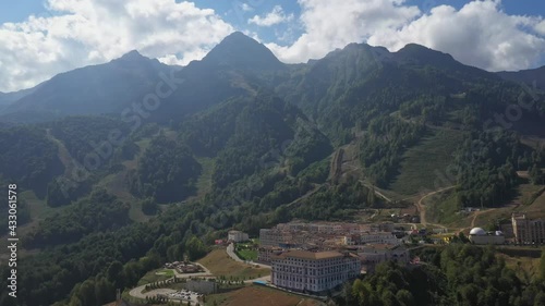 Krasnaya Polyana resort from above, mountain resort, modern beautiful buildings