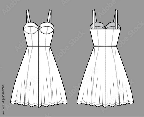 Zip-up dress denim bustier technical fashion illustration with sleeveless  fitted body  knee length A-line skirt. Flat apparel front  back  white color style. Women  men unisex CAD mockup