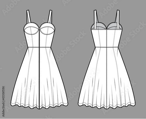 Zip-up dress denim bustier technical fashion illustration with sleeveless, fitted body, knee length A-line skirt. Flat apparel front, back, white color style. Women, men unisex CAD mockup