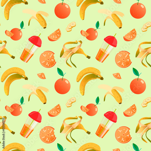 Healthy food vector background illustration with oranges. digital banana pattern. colourful fresh fruit and juice vector background. fresh tasty food vector pattern background. oranges pattern