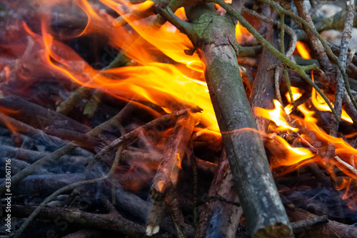 Bonfire with bright orange flame.