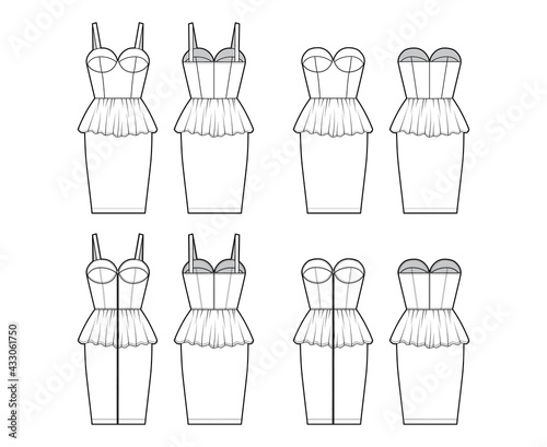 Set of dresses Zip-up peplum technical fashion illustration with bustier sleeveless, strapless, fitted body, knee length skirt. Flat apparel front, back, white color style. Women men unisex CAD mockup