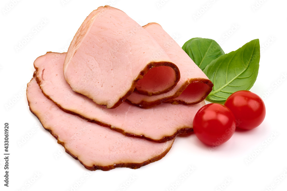 Smoked pork loin slices, isolated on white background. High resolution image. Smoked pork loin slices, isolated on white background. High resolution image.