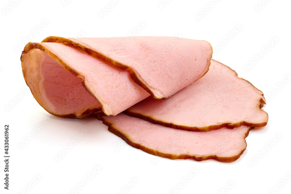 Smoked pork loin slices, isolated on white background. High resolution image.