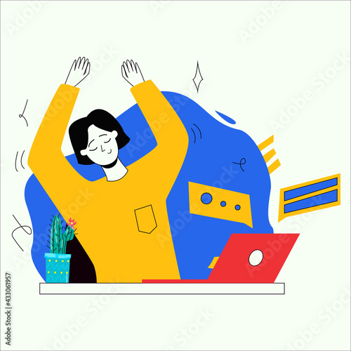 The girl is sitting at the workplace at a laptop. The girl does a warm-up at the table at work. The concept of rest with a sedentary lifestyle