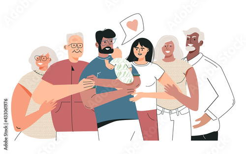 Happy inclusion big diverse family concept. Family with parents, children and grandparents standing together. Cute cartoon characters gathering in group. Flat vector illustration isolated on white
