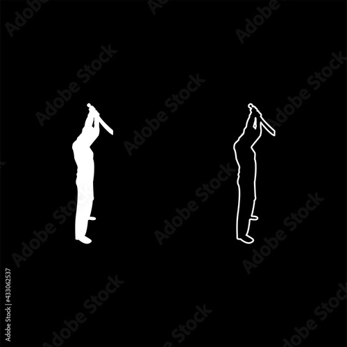 Man with sword machete from above Cold weapons in hand military man Soldier Serviceman in positions Hunter with knife Fight poses Strong defender Warrior concept Weaponry Stand silhouette white color 