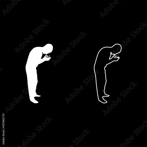 Man wash face water Male cleansing facial Washes his Concept cares about his look Hygiene Bubbles in hand silhouette white color vector illustration solid outline style image